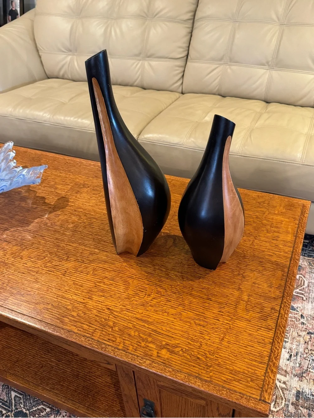 Solid Wood Two Tone Decorative Vase — Modern Wood Accent with swirl.